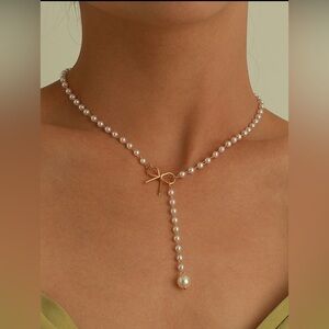 Gold Faux Pearl Bow Lariat Necklace